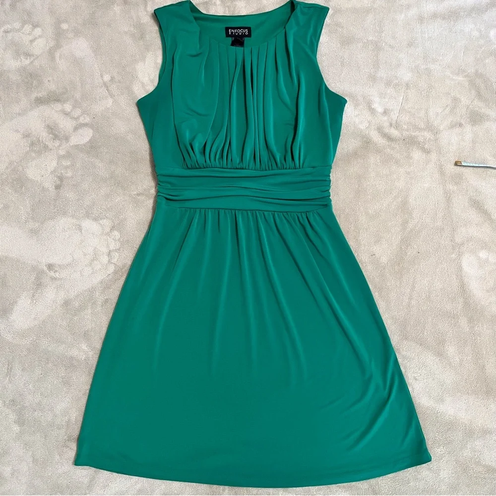 Enfocus Studio green sleeveless dress with fitted ruched waist front pleating - Picture 1 of 16